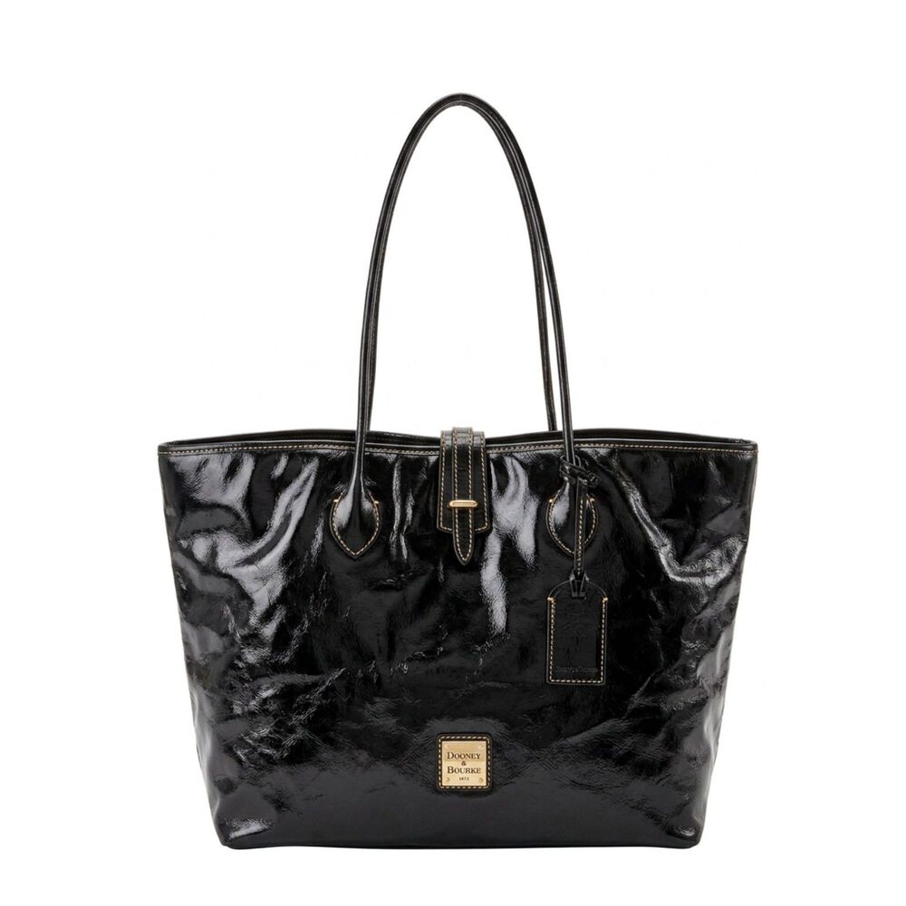 Dooney & Bourke Black Patent Leather Tote Bag Charleston Shopper Purse Gingham